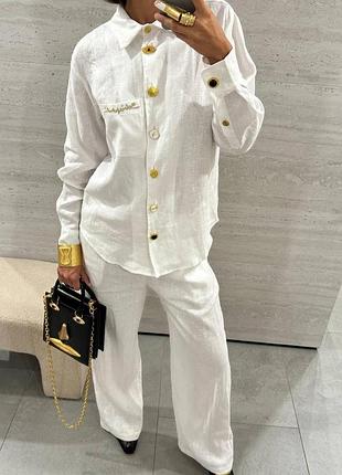 Костюм льон сорочка штани білий шоколад блакитний