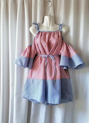 Легкое летнее летнее воздушное платье в полоску, в полоску с открытыми плечами, пышными объемными р