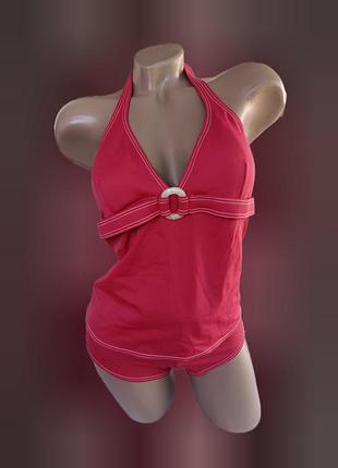Красный женский купальник двойка с шортами и майкой