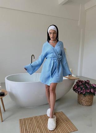 Жіночий блакитний голубий вафельний халат з поясом