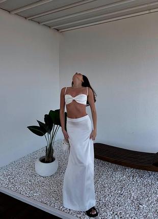 Жіночий літній білий костюм двійка топ бра та спідниця юбка максі
