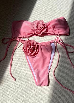 Купальник раздельный s m 42 44 розовый с розами на завязках