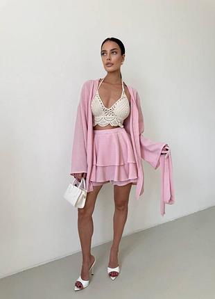 Костюм шорти кімоно пояс 4 кольори рожевий білий пудровий банановий кофейний