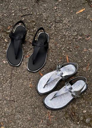 Босоножки вьетнамки через палец кожаные черные серебряные 11537 11538