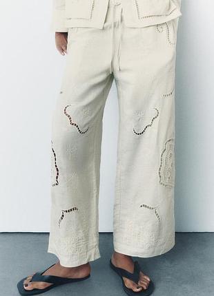 Брюки с льном zara collection с вышивкой