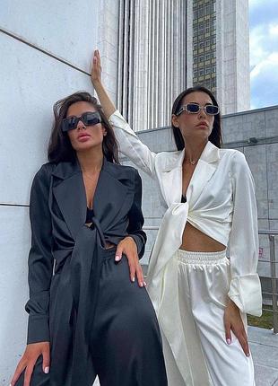 Костюм шовковий двійка на завязку молочний, чорний, червоний