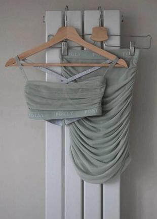 Комплект oh polly mint green mesh co-ord топ-бралет и облегающая юбка