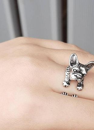 Кольцо с французским бульдогом серебристое, кольцо с французом