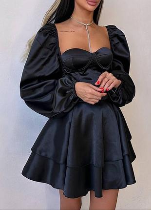 ❗ексклюзив❗праздничное атласное корсетное платье бюстье с рукавами фонариками и пышной юбкой