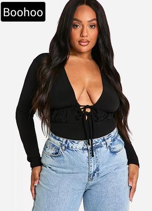 Боди женский черный с длинными рукавами из декольте на завязках от boohoo xl xxl