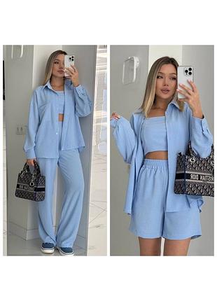 Костюм женский четверка :рубашка, брюки, топ и шорты xs-s, m-l