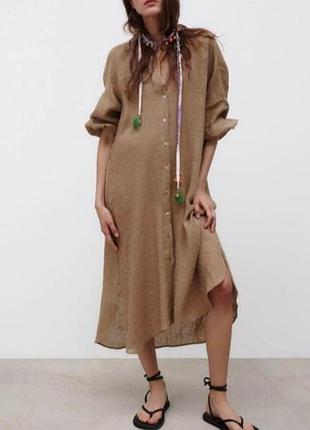 Платье- рубашка из льна zara, льняное платье миди на пуговицах
