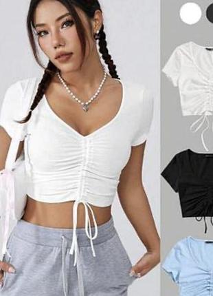 Топ білий рубчик з завʼязками на талії