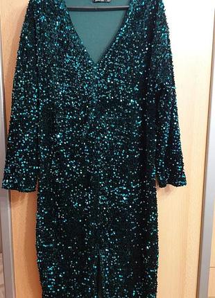 Сукня смарагдова велюрова в паєтку з поясом та розрізом попереду boohoo