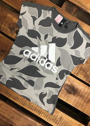 Детская хлопковая футболка с принтом adidas (адидас 11-12 лет 146-152 см идеал оригинал бело-серая)