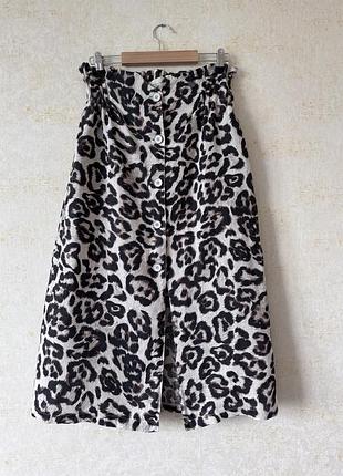 Стильна лляна жіноча спідниця міді леопардовий принт, льон 100% s, італія, made in italy