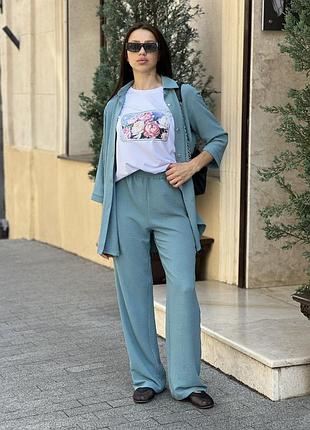 Костюм тройка женский рубашка футболка креп жатка кулир хлопок фисташковый 42-60 гг батал