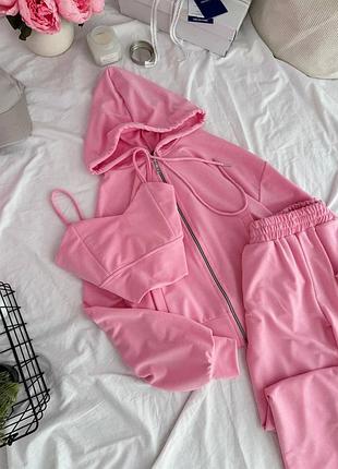 Трендовый женский качественный удобный спортивный костюм тройка из двухнити