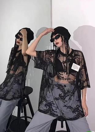 Готическая прозрачная сетка футболка y2k батал