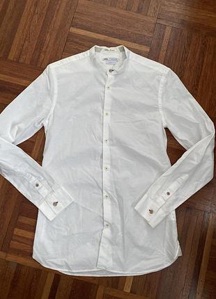 Біла нова чоловіча сорочка льон і бавовна zara s іспанія 🇪🇸