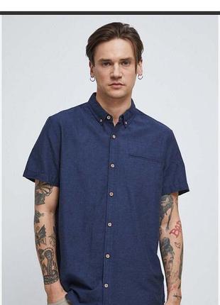 Рубашка из 100% льна темно-синяя с коротким рукавом next p.m