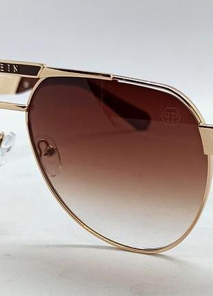 Брендовые очки капли мужские солнцезащитные коричневый градиент в золотом металле