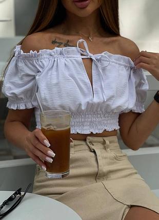 Кроп топ ніжний жіночий короткий рукав завязка бандо жатка