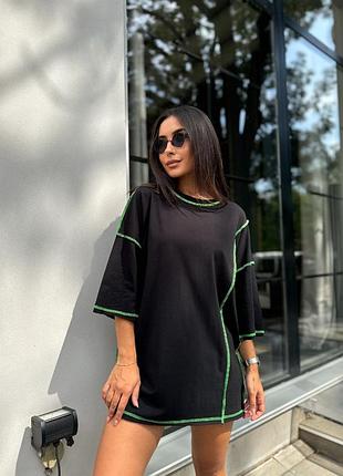 Мини платье -футболка короткий рукав неоновый шов прямой крой
