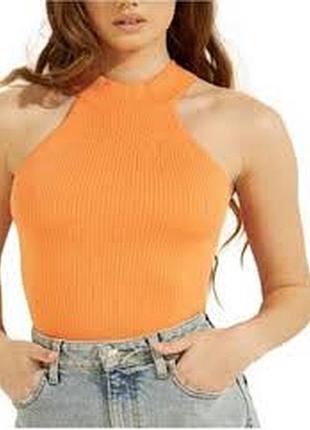 Желто горячий топ в рубчик с открытыми плечами от river island