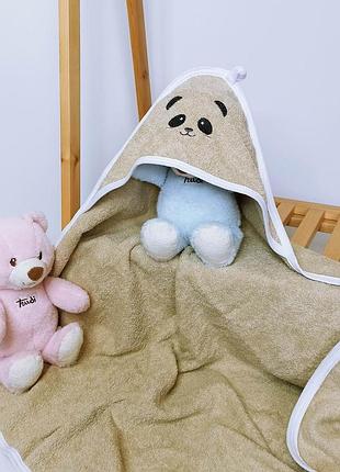 Махровий рушник з капюшоном після купання для дітей з вишивкою коричневий панда махра penetka 90x80 см