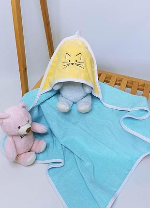 Махровий рушник з капюшоном після купання для дітей з вишивкою киця махра penetka 90x80 см