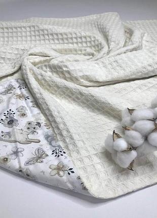Плед детский бежевый серые птички вафельное полотно+польский хлопок penetka 100x80 см