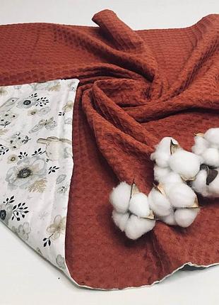 Плед детский терракотовый серые птички вафельное полотно+польский хлопок penetka 100x80 см