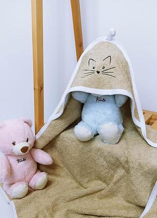 Махровий рушник з капюшоном після купання для дітей з вишивкою коричневий киця махра penetka 90x80 см
