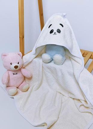 Махровое полотенце с капюшоном после купания для детей с вышивкой бежевое панда махра penetka 90x80 см