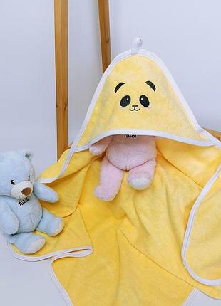 Махровий рушник з капюшоном після купання для дітей з вишивкою жовтий панда махра penetka 90x80 см