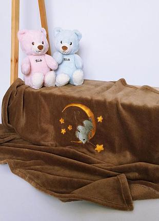 Плед детский коричневый с вышивкой мышка на луне велсофт penetka 95x85 см