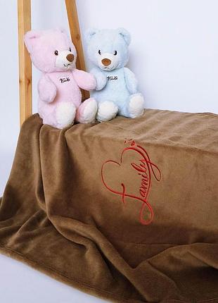 Плед детский коричневый с вышивкой family велсофт penetka 95x85 см