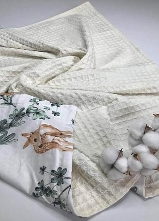 Плед детский бежевый коричневые оленята вафельное полотно+польский хлопок penetka 100x80 см