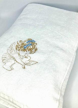Крыжма для крещения с вышивкой белая голубой ангелочек penetka 150x100 см