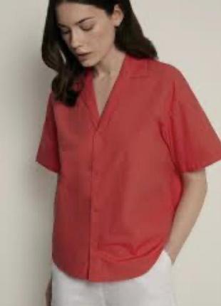 Вінтажна 💯 шовкова блуза  сорочка  короткий рукав кораловий червоний припилений  колір