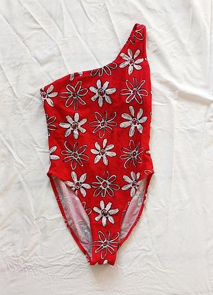 Купальник s m красный с цветами цельный сплошной
