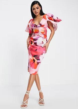 Платье-футляр миди asos design с оборками спереди и пышными рукавами
