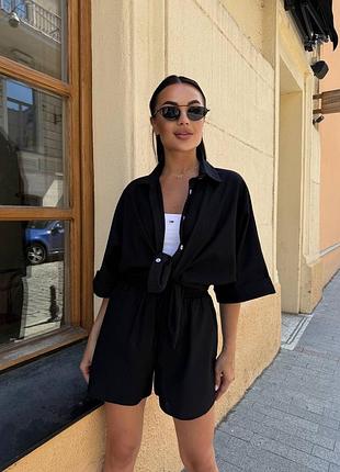 🌈4! шикарный льняной женский костюм черный лен натуральный шорты рубашка рубашка