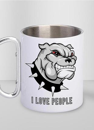 Чашка металева з принтом "i love people" 300 мл з карабіном, біла