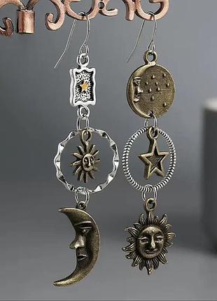 Асимметричные серьги луна и звезда 🌙⭐ ретро серьги серебристые | подарок для девушек и женщин