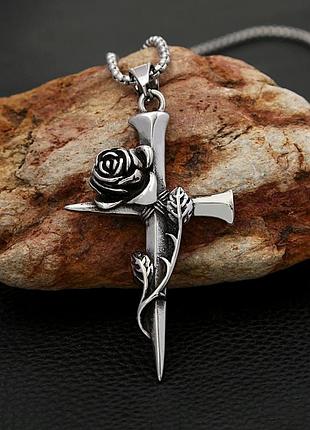 🌹 винтажный кулон "роза и крест" – стильный амулет из нержавеющей стали 316l - 7,5 см