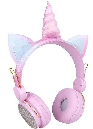 Детские беспроводные наушники с ушками и рогом единорога. розовые наушники единорог для ребенка |easypick|