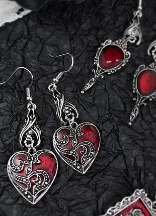 Готический набор серёг "тёмная лолита" – сердце, зеркало и летучие мыши, 2 шт., винтажный панк-аксессуар