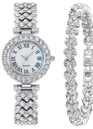 Жіночий кварцовий годинник quartz на металевому ремінці, набір годинник + браслет зі стразами, сріблястий